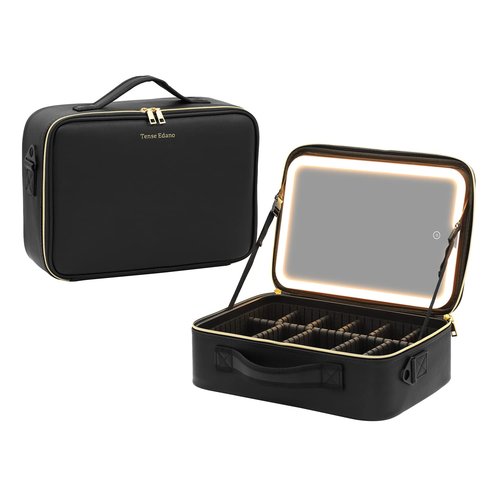 Tense Edano Large Size PU Cosmetics Train Case with LED Lighted Mirror Rechargeable 3 Color Lights Portable Makeup Artist Organizer with Adjustable Dividers and Shoulder Strap (Pure Black)