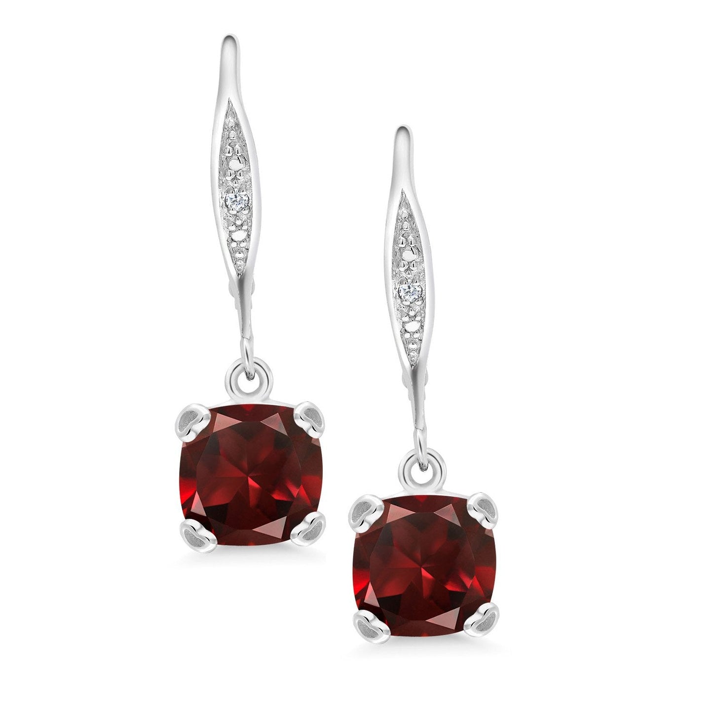 Gem Stone King Drop Dangle Earrings For Women | 7MM Cushion Cut Gemstone Birthstone and Diamond | 925 Sterling Silver | Jewelry Gift for Mom Wife Her | Garnet-January | Sterling Silver