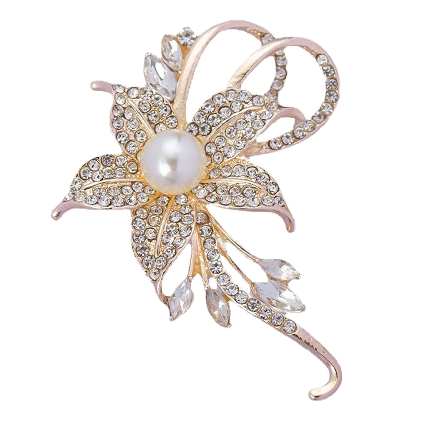 Gold Silver Flower Crystal Brooches Pins Fashion Beautiful Created Rhinestone Pearl Floral Brooch Good Idea for Party Dance Wedding Banquet for Elegant Women Girl(Gold Flower)
