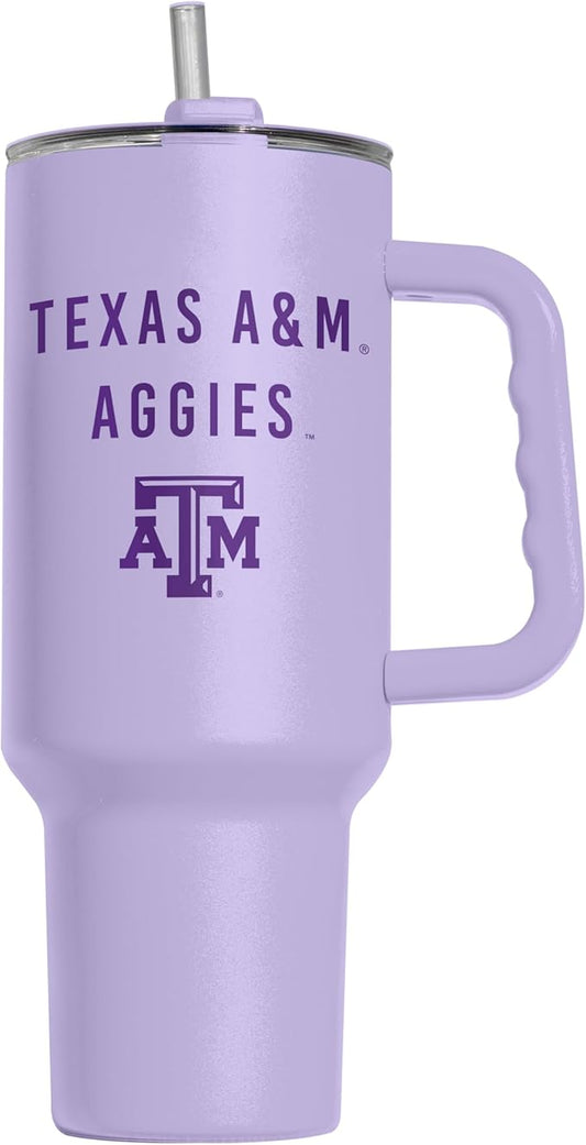 Logo Brands NCAA Texas A&M Aggies Lavender 40 oz Tumbler with Handle - Stylish Everyday Use Powder Coated-Stainless Steel with Straw- Keeps Cold For Hours