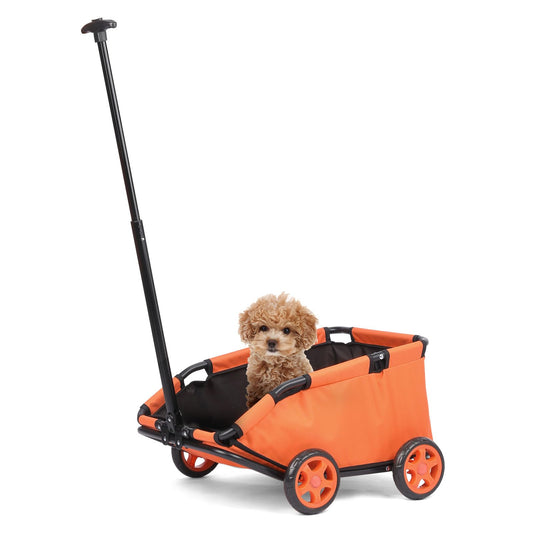 AESRAOU Mini Dog Strollers for Mini Pets, Foldable Multifunctional Shopping Carts with Extendable Pull Handle, Doggie Wagon Built-in Cushion and Safety Rope with Storage Bag (Orange)