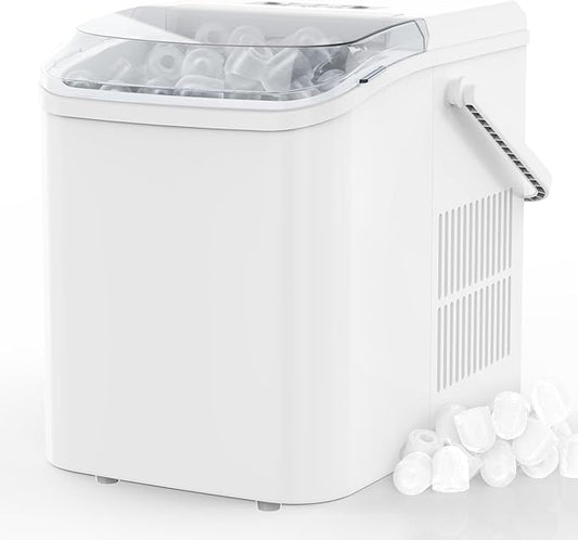 DUMOS Countertop Ice Maker with Handle, 26lbs/24H Portable Ice Machine, 9 Bullet Cubes Ready in 6 Mins, Self-Cleaning, Quiet Compact for Home, Kitchen, RV, Camping, Bright White