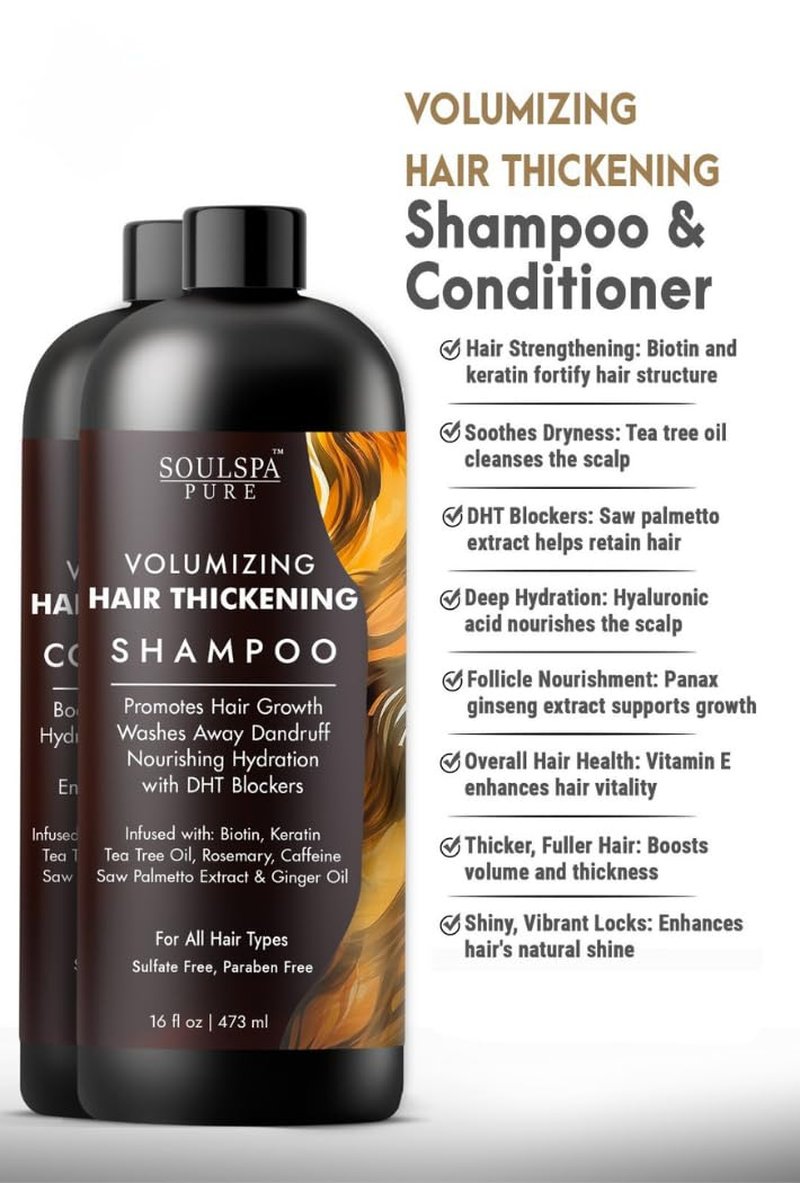 SOULSPA PURE Thickening Shampoo and Conditioner Set - Volumizing Formula with DHT Blockers, Biotin, Keratin, Caffeine & Saw Palmetto - Hair Thickening for Men & Women - 16 fl oz Each