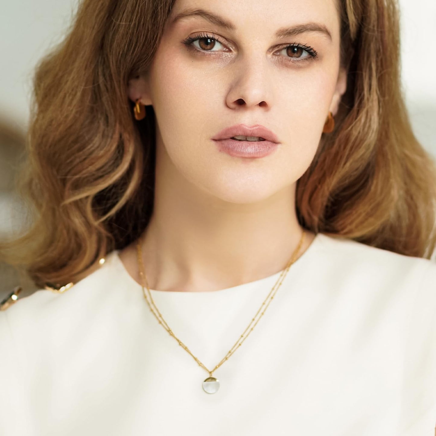 Milan Chiva 14K Gold Plated White Mother of pearl Layered Stacked Necklace for Women, Dainty Trendy Non Tarnish Circle Pendant Charm Necklaces Fashion Jewelry for Women Waterproof MNS-1008WT