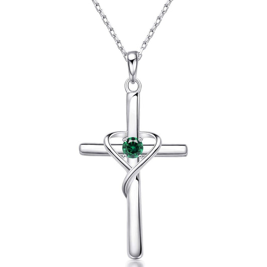 AmorAime 925 Sterling Silver Cross Necklace for Women Men 14K Gold Plated 5A CZ Birthstone Necklaces for Holiday (E.Green-May-Emerald)