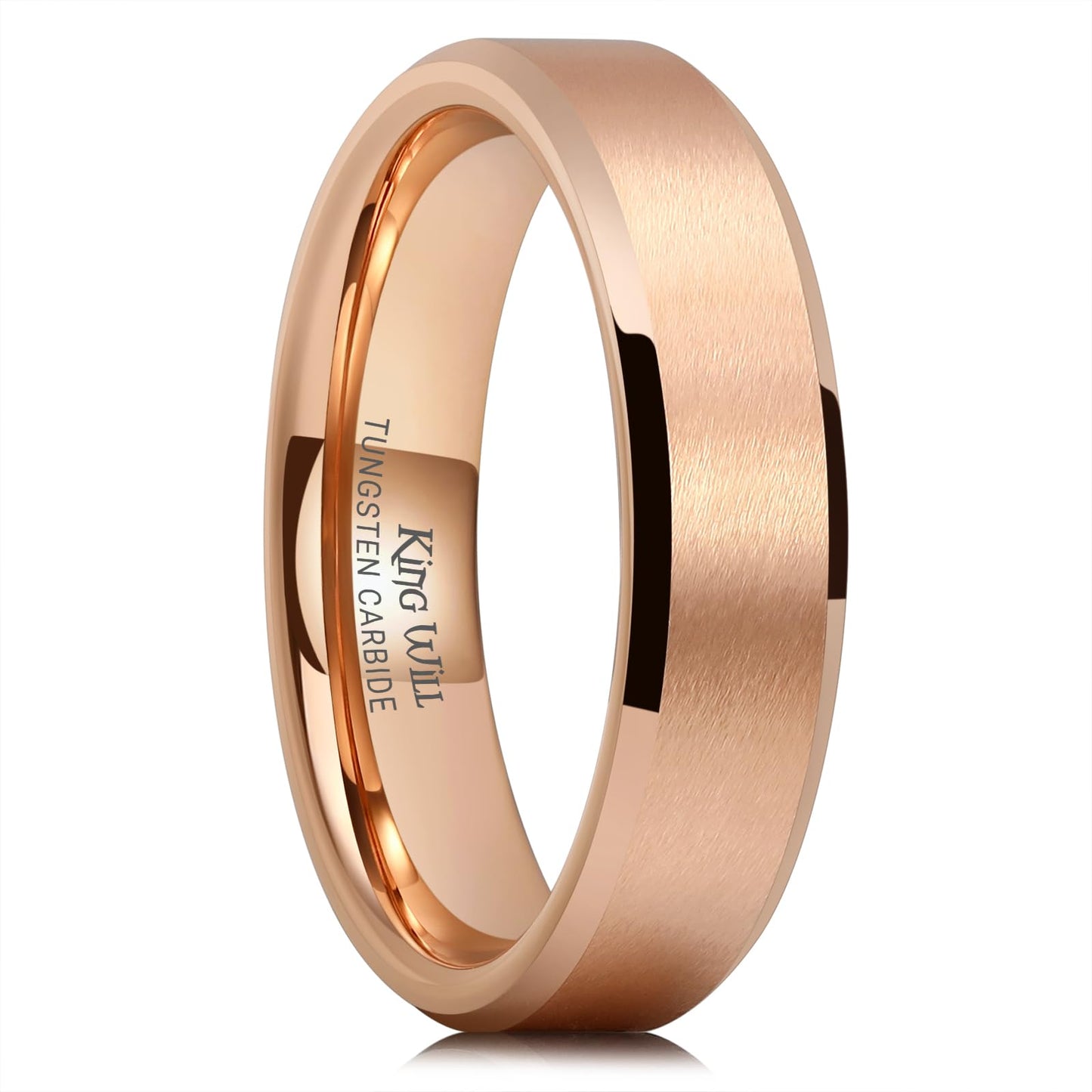 King Will 6mm Men's Rose Gold Wedding Ring – Matte Brushed, Beveled Polished Edge, Comfort Fit, Size 7