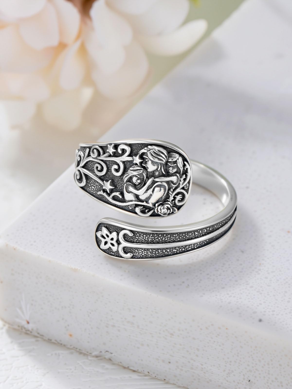 Midari Mother Daughter Rings 925 Sterling Silver Adjustable Mother Spoon Thumb Rings for Women Vintage Mama Two Daughte Jewelry Gift for Mom Daughter Grandma