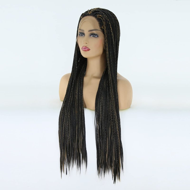 BTWTRY Orange Highlight Yellow Box Braided Wigs Synthetic Lace Front Wigs for Black Women Heat Resistant Wig Daily Use Cosplay Wigs (24inch, Orange Highlight Yellow)