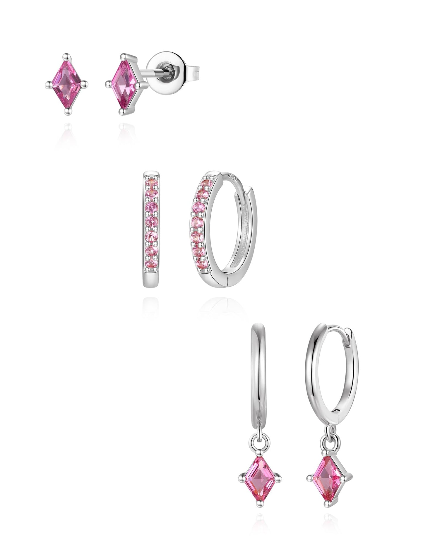 Angelady 3 Pairs Sterling Silver Pink Earrings Set for Women, Hypoallergenic Silver Magenta Dangle Earrings for Women, Dainty Huggie Hoop Pink Earring Stacks Trendy Red Jewelry Gifts