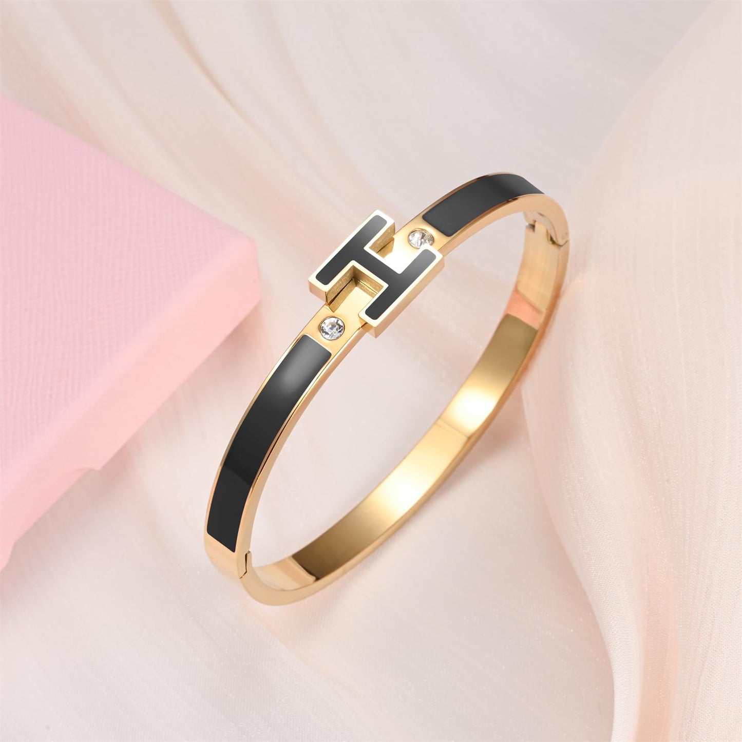 Hothink H Bracelets for Women,H Bracelet,Bangle Bracelets for Women,Dainty Bracelet Easter Christmas Mothers Day Gifts for Women (Black)