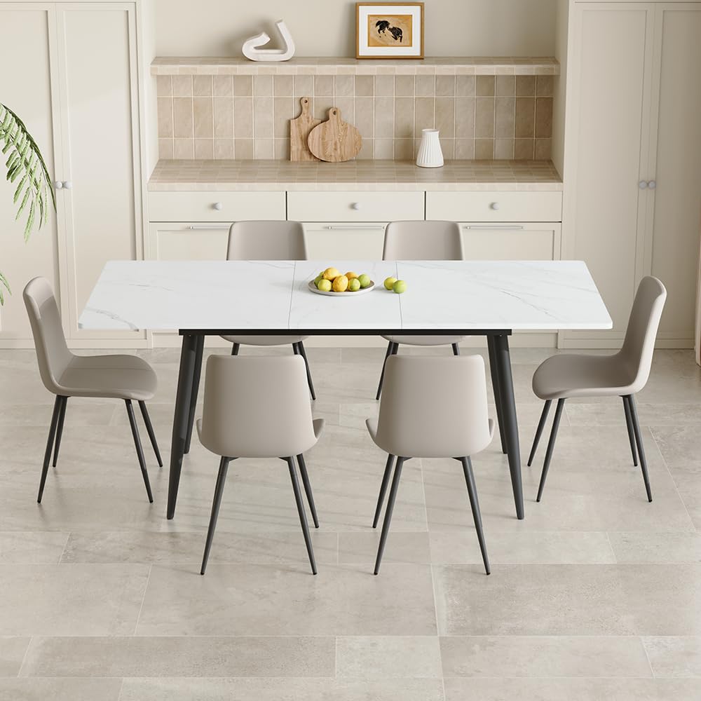 FURNITO 7 Piece Dining Table Set, 59"-75" Extendable Dining Room Table Set with 6 Upholstered Chairs, White Kitchen Table Chairs Set for Living Room, Apartment, Easy to Assemble