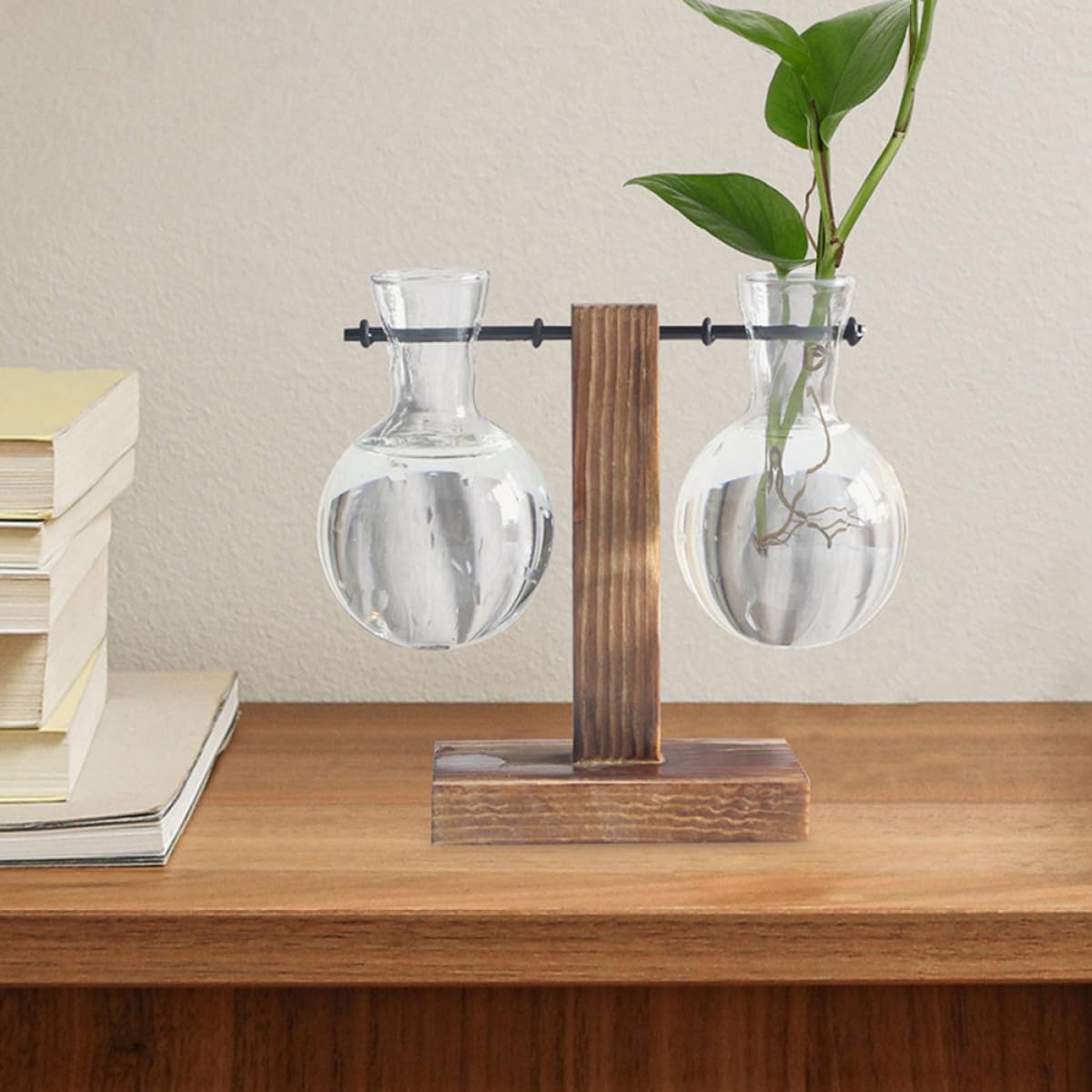 TOVINANNA 3pcs High Borosilicate Glass Propagation Planter Bulb Vases with Wooden Stand, Hydroponic Plant Terrarium Glass Vase Set for Indoor Desktop Decoration