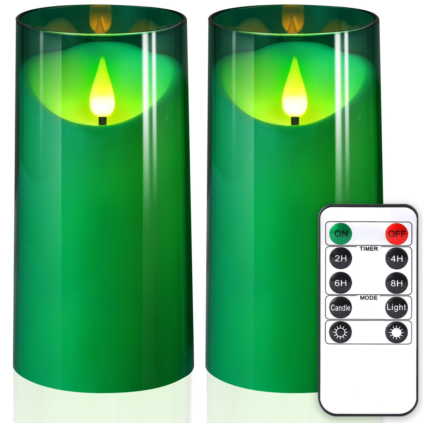 NURADA 3"x6""Flickering Flameless Candles: 3D Wick Acrylic Battery Operated LED Pillar Candles with Remote and Timer for St. Patrick's Day Home Holiday Forest Christmas Party Table Decor - Green"