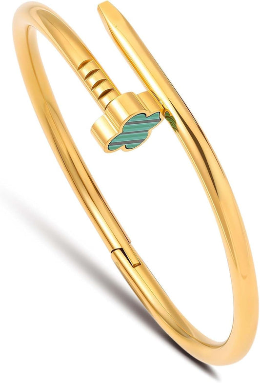 18K Gold Plated Love Nail Bangle Bracelet for Women,Stainless Steel Non-Tarnish Stackable Nail Bangle Couple Bracelet Love Trendy Jewelry Dainty Gold Bracelet Gift for Women