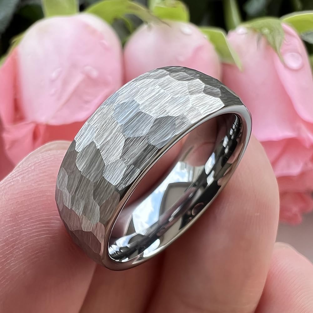 TUTISS 8mm Hammered Tungsten Rings for Men Women Fashion Engagement Wedding Bands Domed Matte Finish Comfort Fit Size 8