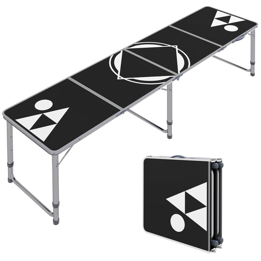 8ft Portable Beer Pong Table with Adjustable Legs, Folding Camping Table, Aluminum Picnic Table, for Party, Travel, BBQ, Beach, Black and White