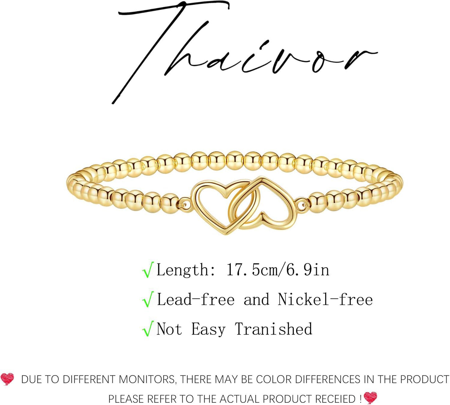 Beaded Bracelets for Women 14K Silver Gold Plated Stretch Handmade Ball Bracelets Cute Charm Bracelet Dainty Stackable Cross Heart Bow Wave CZ Circle Trendy Jewelry Easter Gifts (double-heart)