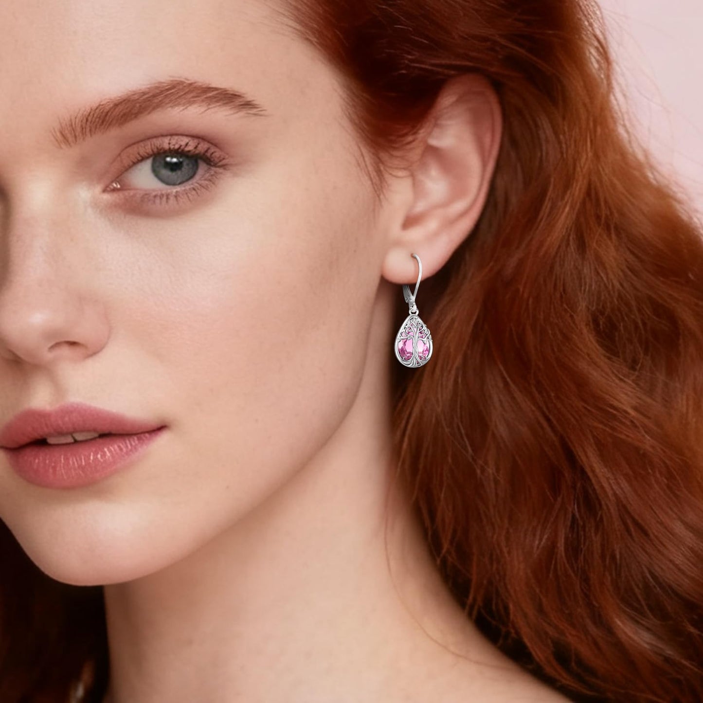 Eusense Teardrop Dangle Earrings Sterling Silver Tree of Life Birthstone Jewelry Tourmaline Pink Leverback Tree of Life Earrings Gift for Women