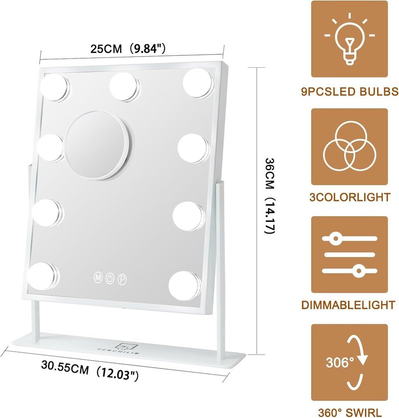 FENCHILIN Vanity Mirror with Light Lighted Makeup Mirror Vanity Smart Touch Control 3Colors Dimmable Detachable 10X Magnification Tabletop 360°Rotation(White)
