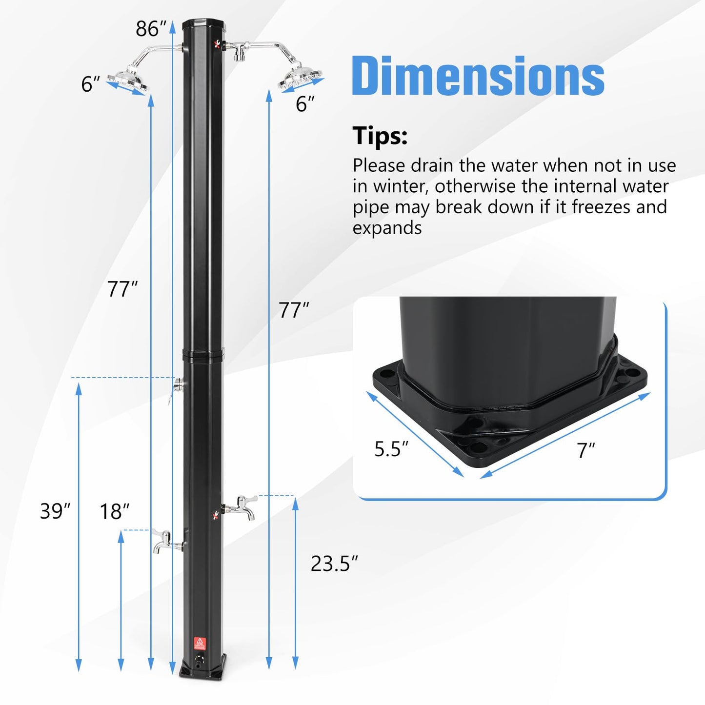 Goplus 9.3 Gallon Solar Heated Outdoor Shower, 7.2 FT Freestanding Garden Shower with Dual Swivel Shower Heads & 2 Foot Showers, Adjustable Temperature,for Poolside Backyard Beach