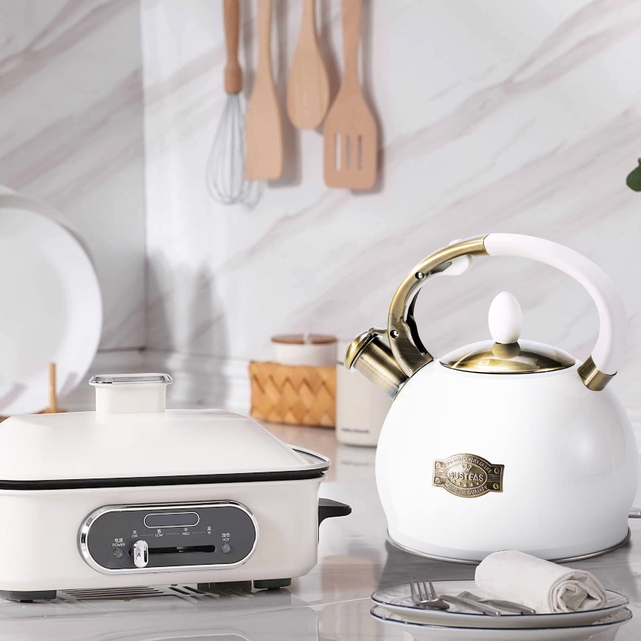 SUSTEAS Stove Top Whistling Tea Kettle - Food Grade Stainless Steel Teakettle Teapot with Cool Touch Ergonomic Handle, With 1 Silicone Pinch Mitt Included, 2.64 Quart(WHITE)