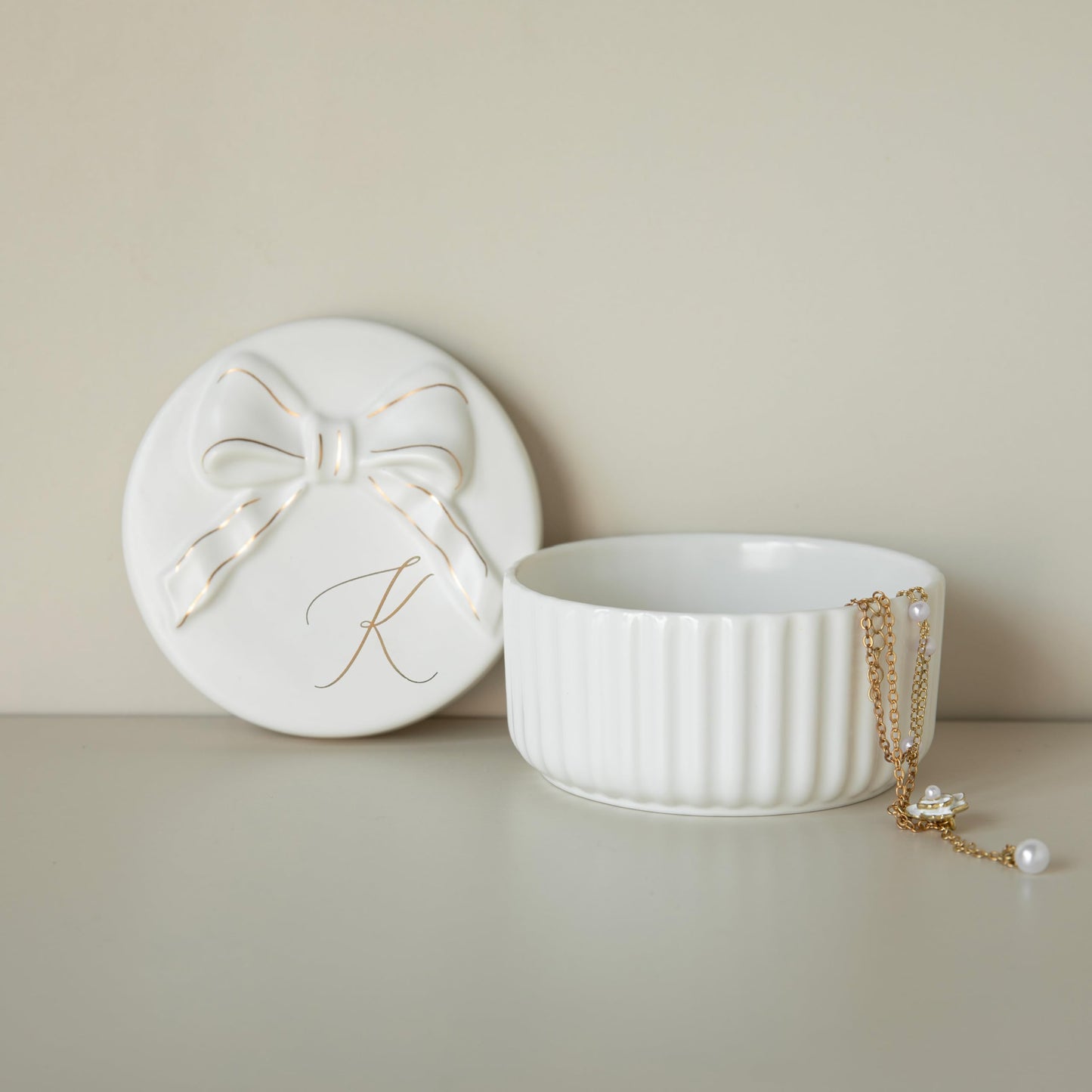 COLLECTIVE HOME Monogram Initial Jewelry Box with Bow - Elegant Ring Holder & Earring Dish | Christmas Gift Idea for Women, Unique Birthday Present for Her (K)