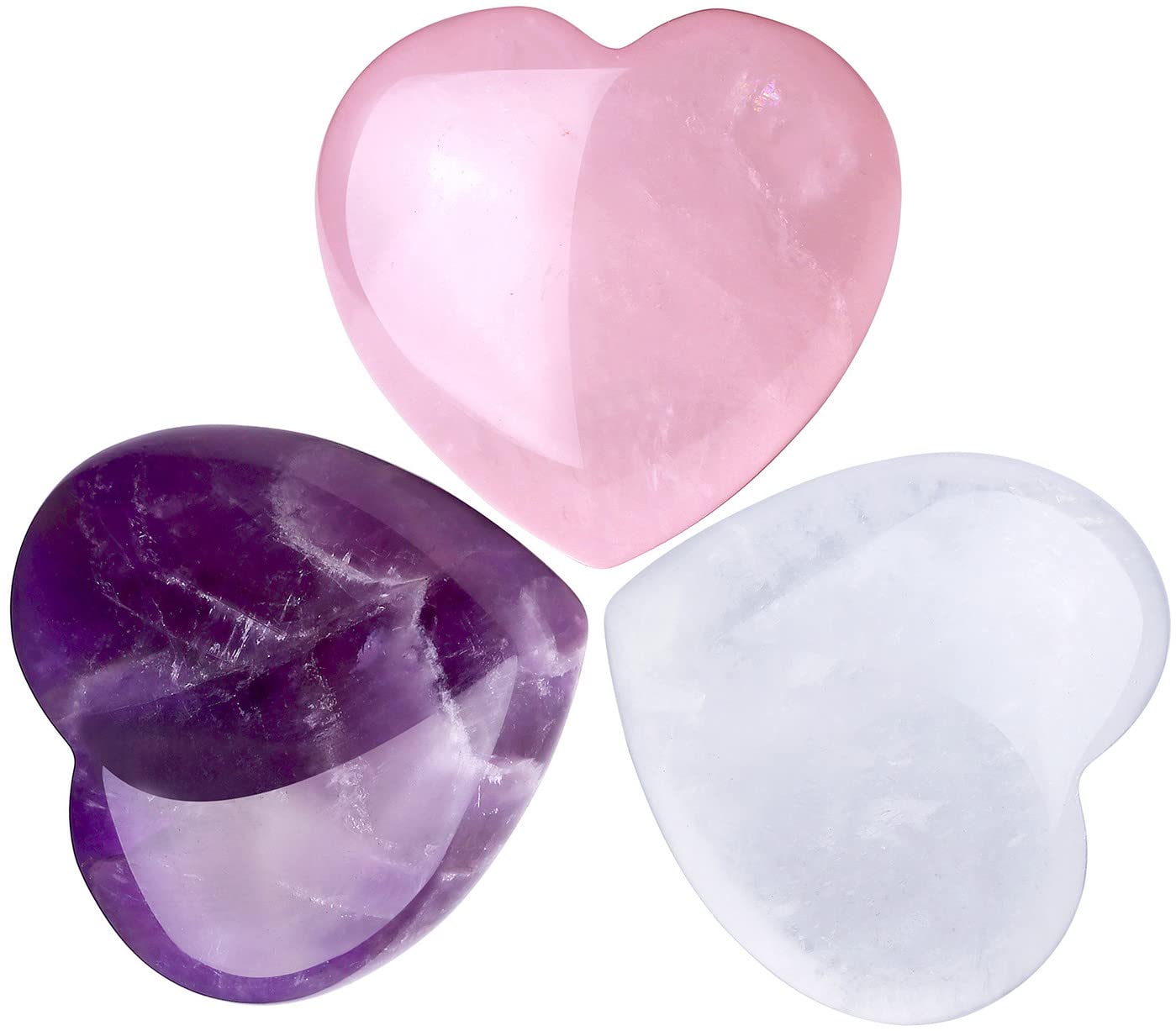 QINJIEJIE 1.2" Large Heart Crystals Rose Quartz Amethyst Healing Clear Crystal Heart Shape Love Stones Gemstones Stone Stocking Stuffers Polished Thumb Gemstones Therapy Energy Balancing Gifts 3 Pcs