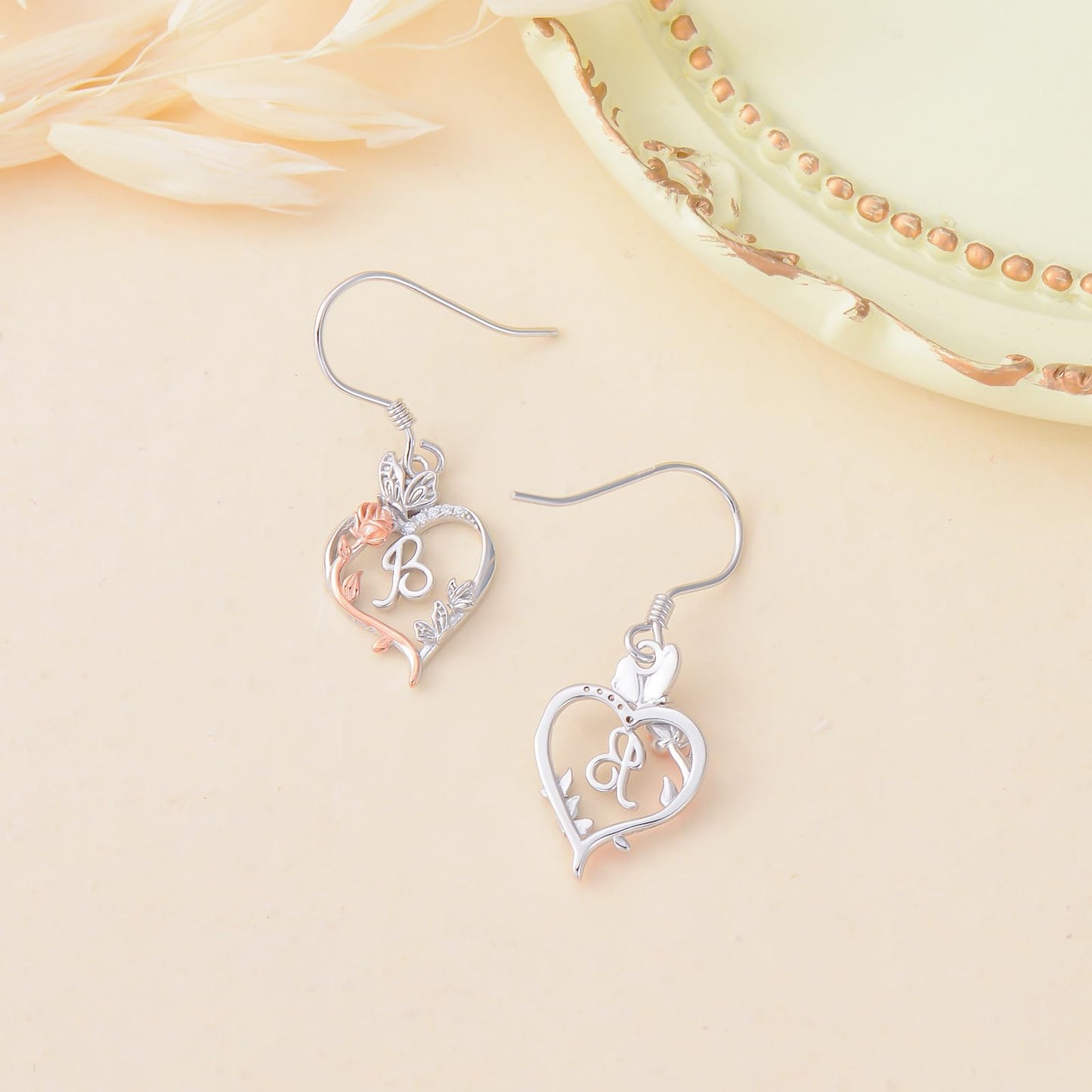 TOUPOP Rose Heart Initial Earrings Sterling Silver Butterfly Earring Initial B Letter Drop Dangle Earrings Jewelry Anniversary Birthday Mothers Day Gifts for Women Mom Wife Girlfriend Her