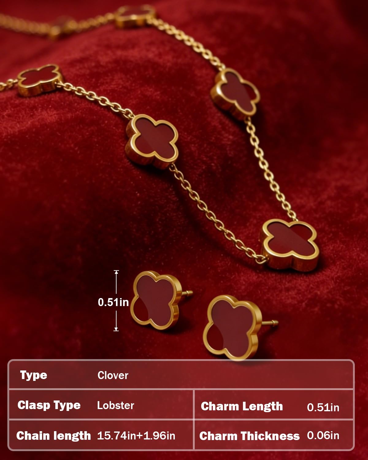 Aimétte Monette 18K Gold Plated Jewelry Set, Clover Necklace Stud Earrings for Women Hypoallergenic Red Lucky Clover Pendant Necklace Gifts for Women Trendy