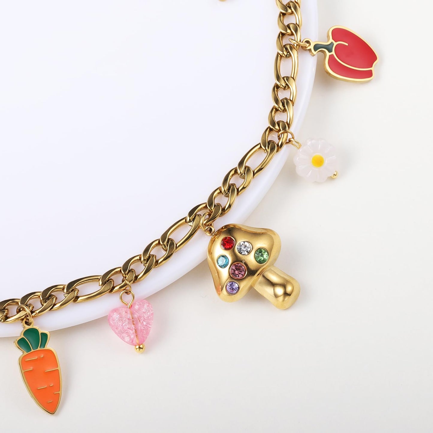 LCTrusttmor Gahna Mushroom Bracelets for Women, 18K Gold Plated Daisy Heart Carrot Red Bell Pepper Charms with Adjustable Chain Link for Women Jewelry Gifts