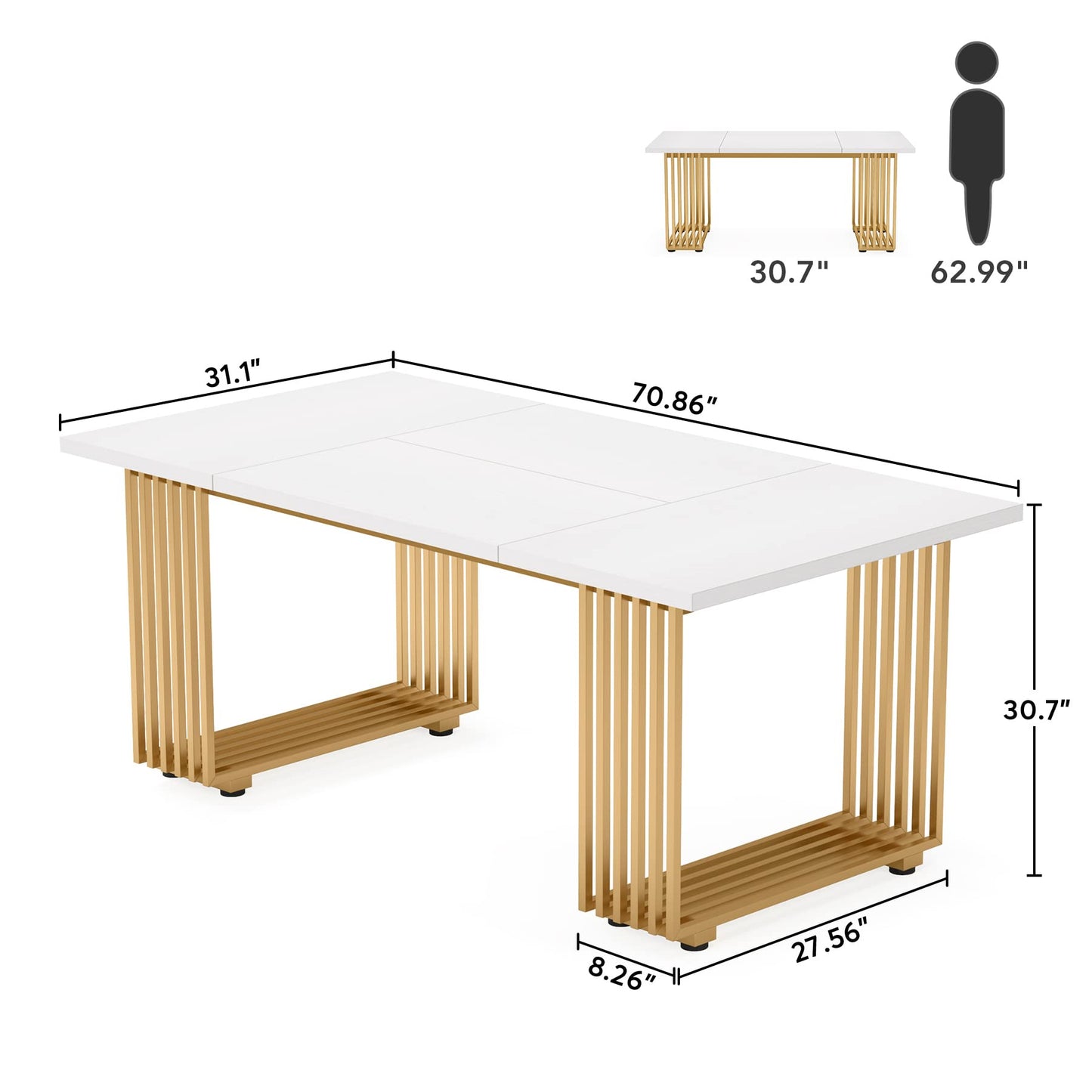 Tribesigns Modern Dining Table for 6-8 People, 70.8 Inches Long White Room Kitchen, Wood Kitchen with Gold Metal Legs, Rectangular Dinner Room, Family Gathering