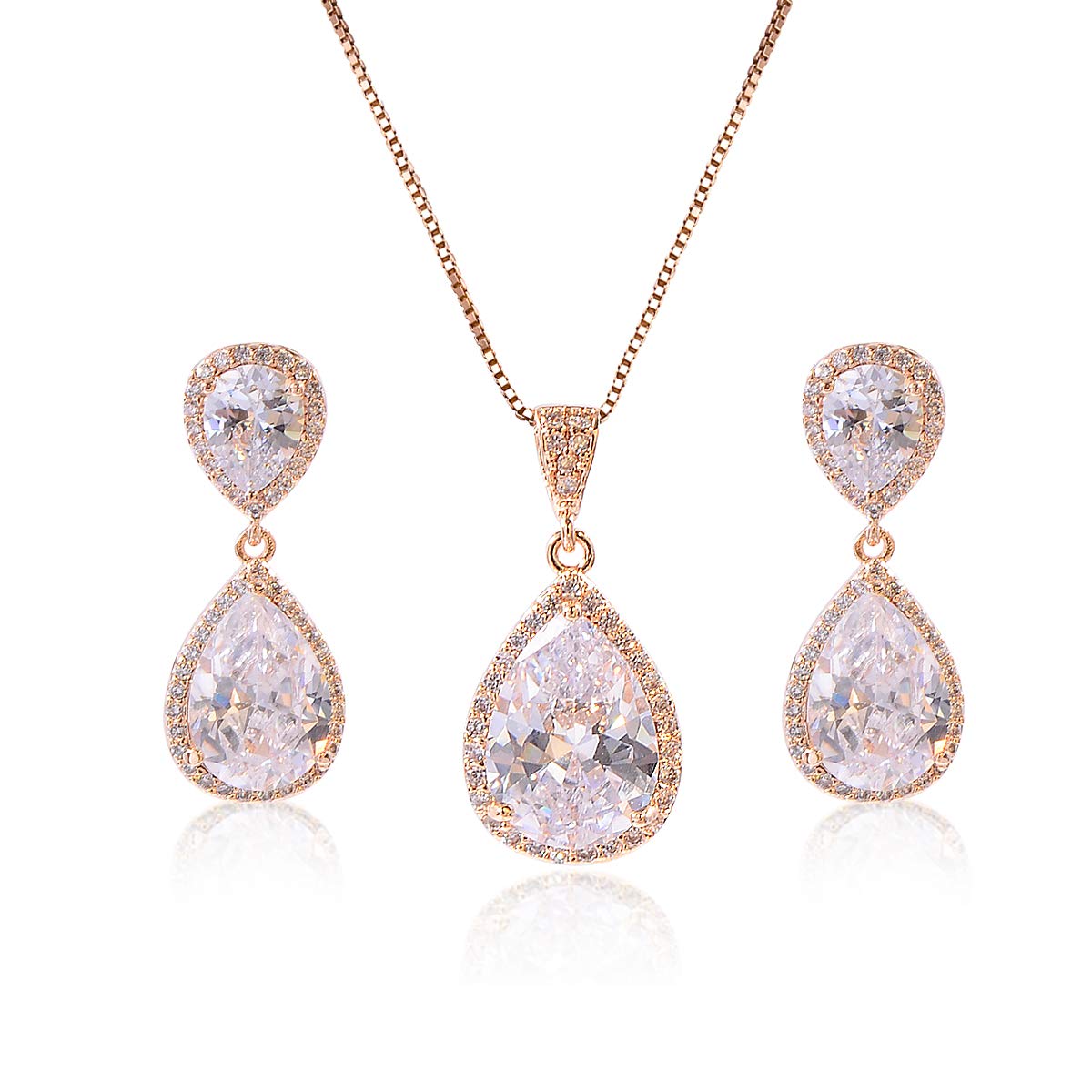 Crystal Jewelry Set for Women - Gold Pear-Shape Sterling Silver Full Teardrop Cubic Zirconia Bridal Pendant Necklace Dangle Earrings Set for Prom Party Wedding Jewelry Set for Bride Bridesmaids