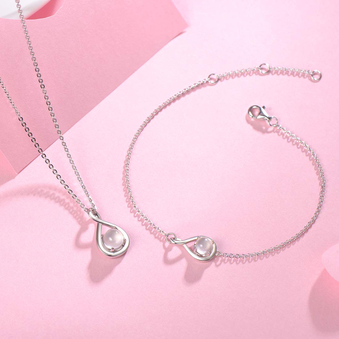 FANCIME Sterling Silver Rose Quartz Necklace Dainty Infinity Pendant Pink Crystal Birthstone Anniversary Birthday Jewelry Mothers Day Gifts for Mom Women Daughter, 16+2 Inch