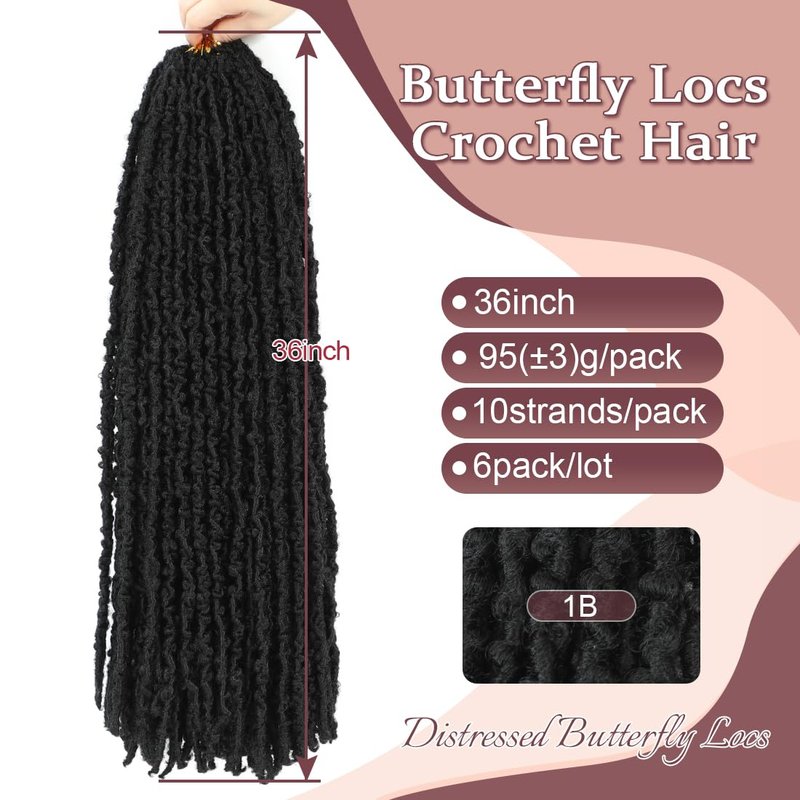 GetGal 6 Packs Butterfly Locs Crochet Hair 36 inch Pre Looped Distressed Faux Locs Crochet Hair for Black Women Butterfly Soft Locs Natural Hair Extension(36inch,1B)