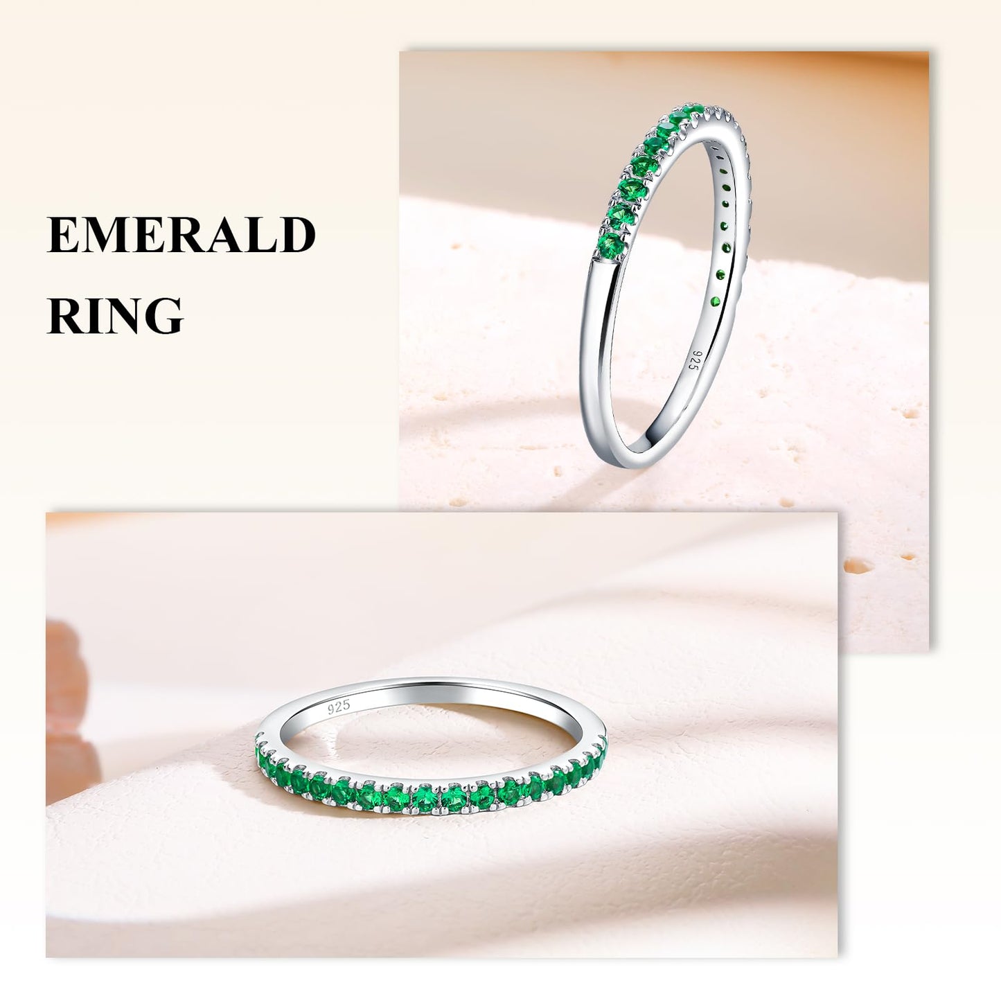 AGRULE 1.4mm Dainty Wedding Band Sterling Silver White Gold Plated Bezel Set 5A Cubic Zirconia Rings Emerald Birthstone Ring for Men Women, Size 8