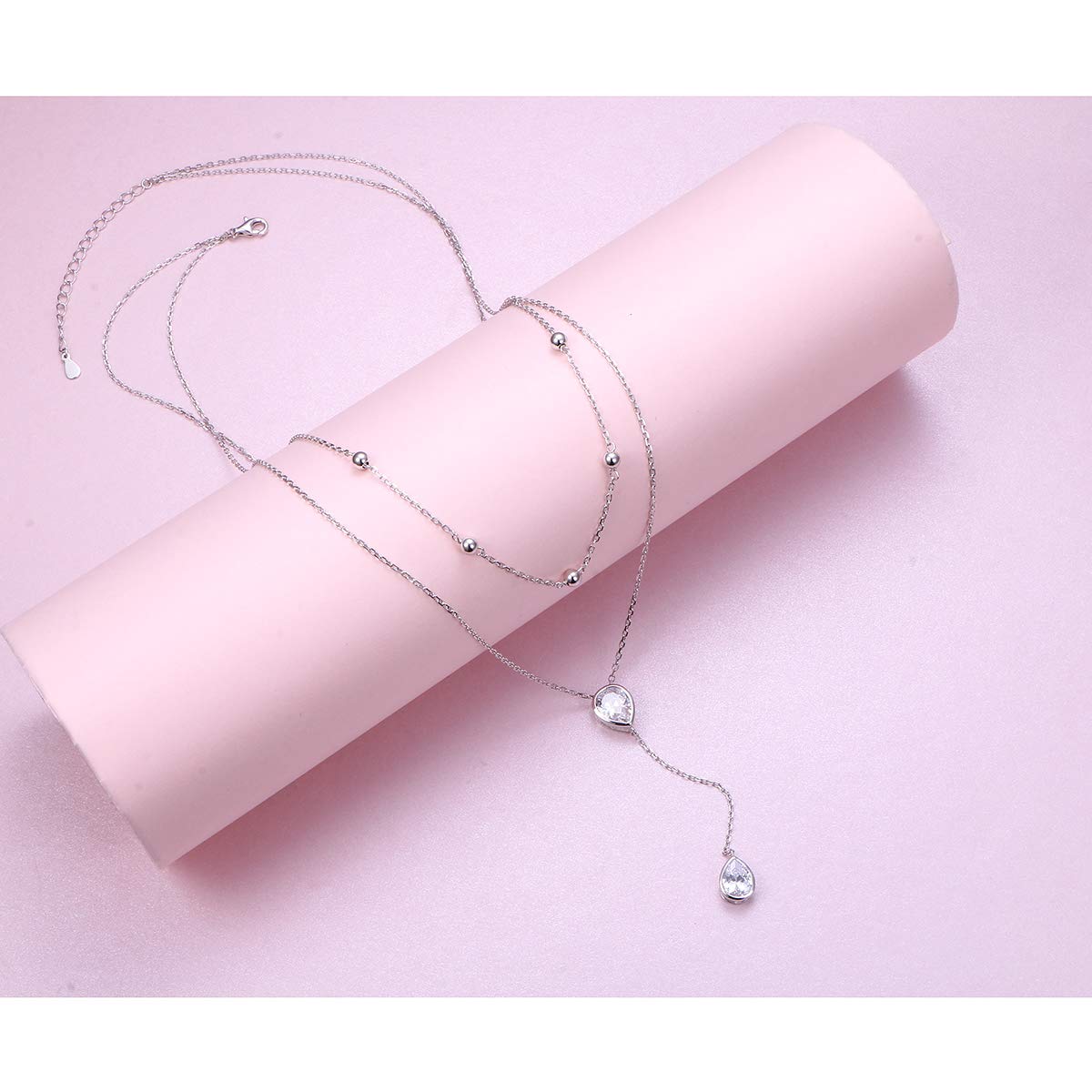 FLYOW S925 Sterling Silver Double Layered Necklace Teardrop CZ Choker Y Lariat Necklace Birthday Gifts for Women Wife Fiancée