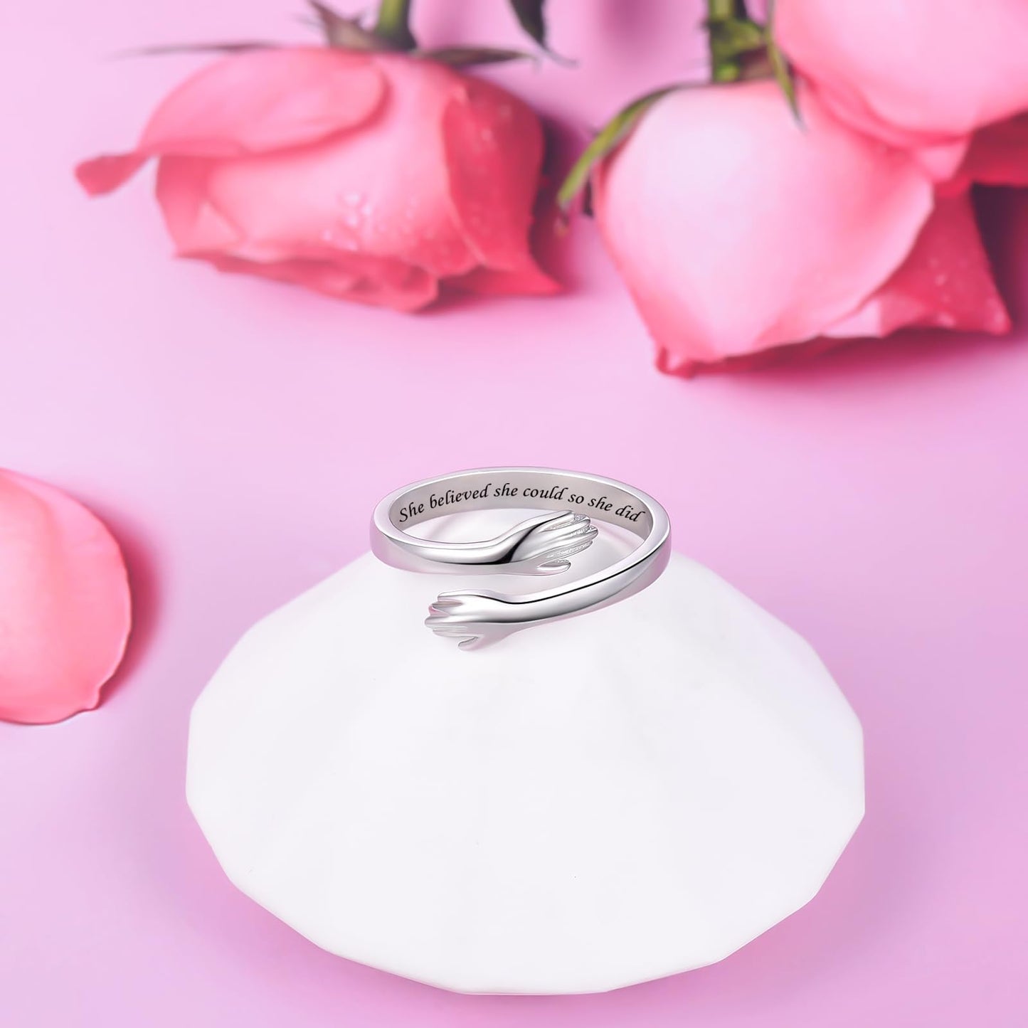 ACJFA Hug Rings for Women Sterling Silver Adjustable Ring Thumb Ring Birthday Mother Gifts Jewelry (She believed she could so she did)