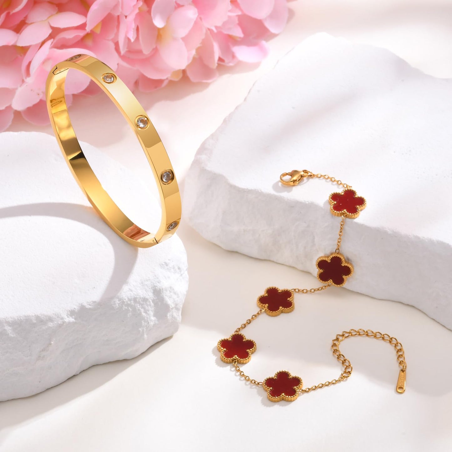 MPRAINBOW Womens Stackable Bracelets Jewelry, 18K Gold Plated Floral Bracelet,Bangles Non Tarnish, Gold Cubic Zirconia Chain Set Trendy Gift,Christmas Valentines Birthday Gifts for Girlfriend