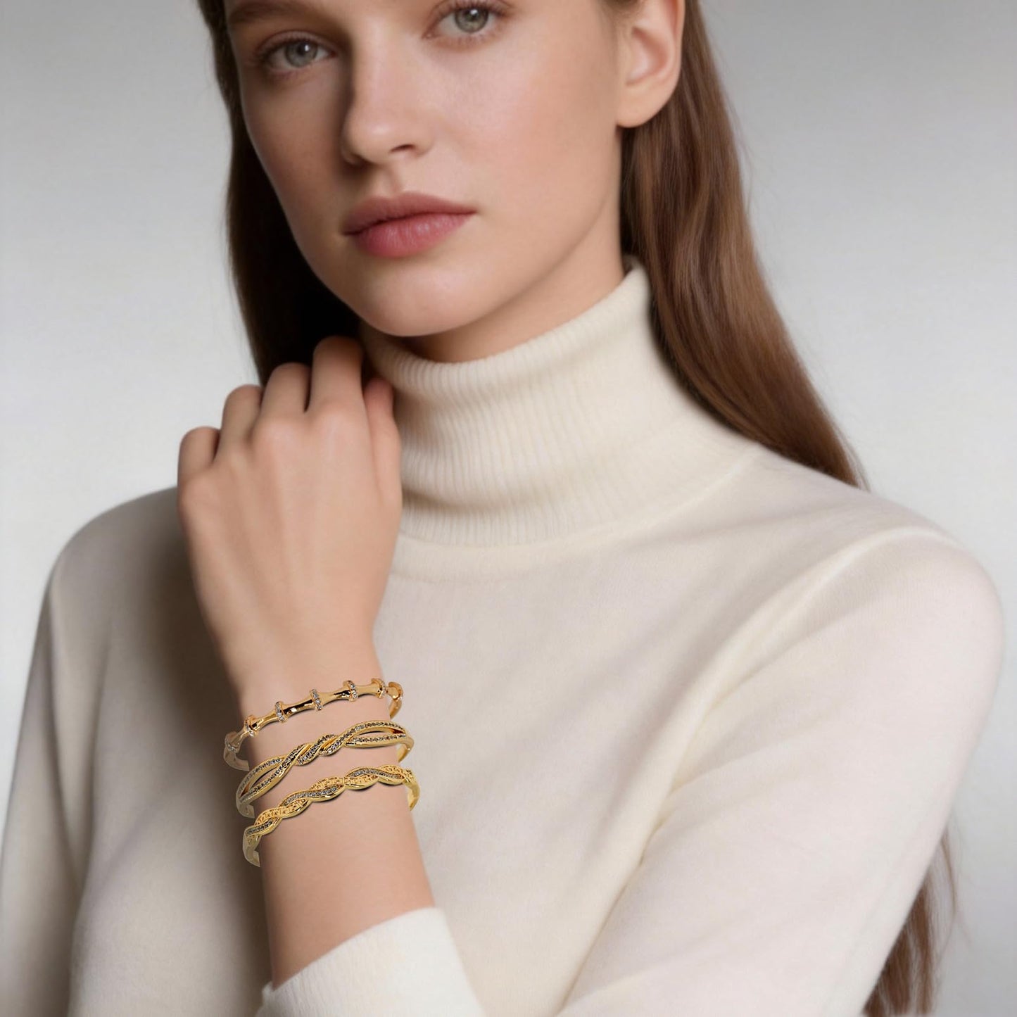 FIVESWEET 3PCS Gold Bangle Bracelet Set for Women, Copper Inlaid with 3A Zircon, Stackable Trendy Jewelry, 2.4 Inch, Great Gift for Her Girlfriend Wife Mom Sister Lover on Birthday Christmas Valentine's Day Mother's Day (Bamboo Joint & Twisted Rope)