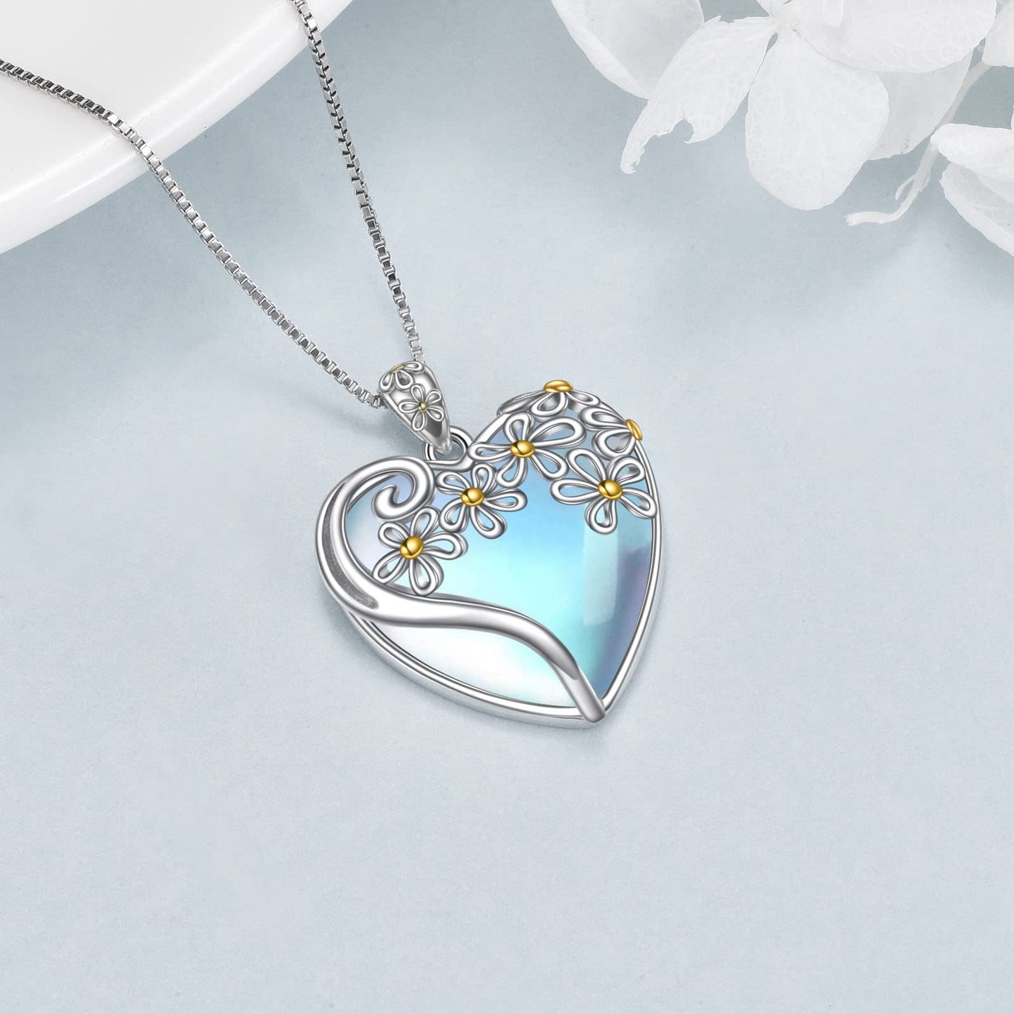 YAFEINI 925 Sterling Silver Moonstone Necklace - Filigree Heart Pendant with Flower Design - Women's Gift (G-Heart Flower Moonstone Necklace)