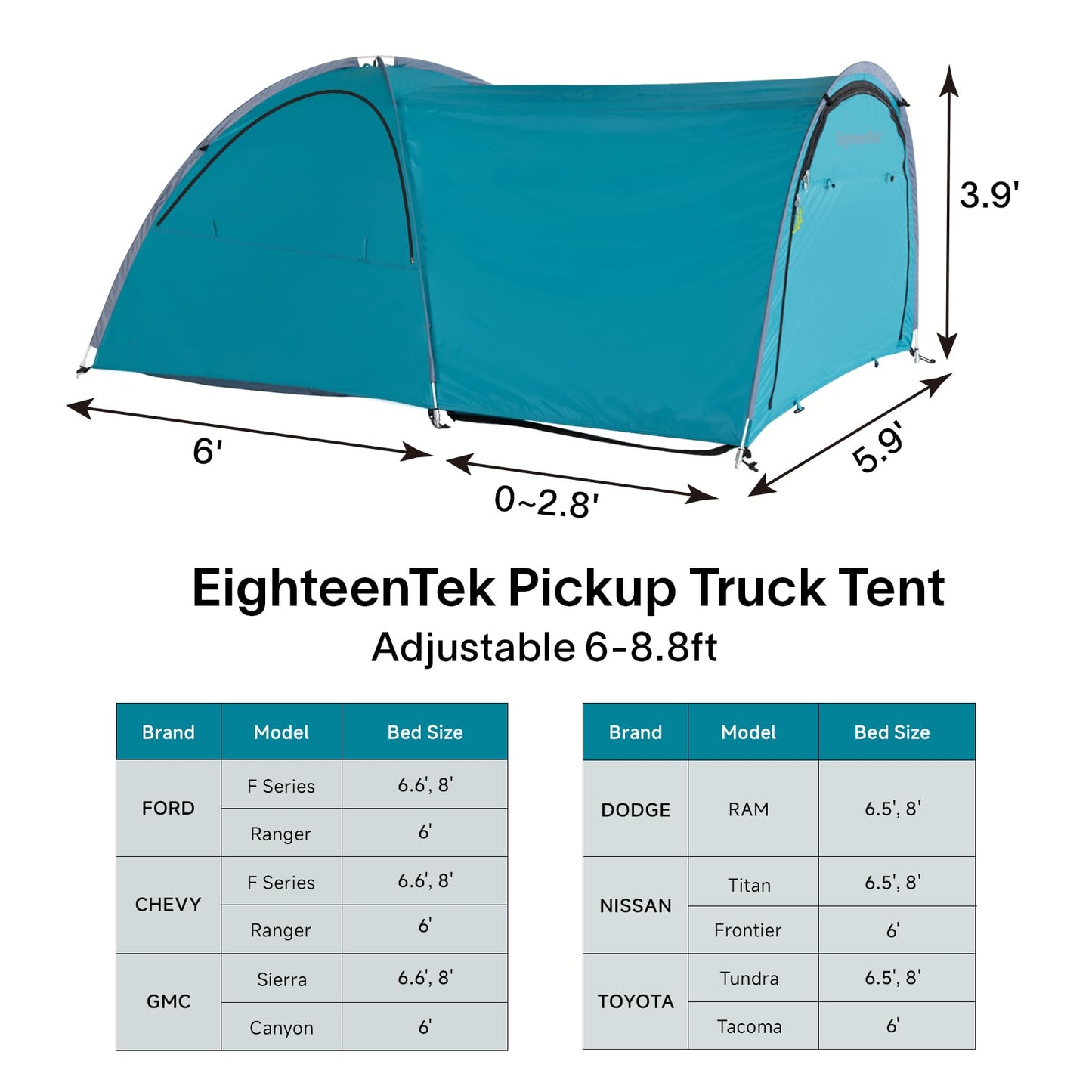 EighteenTek Adjustable Pickup Truck Tent Pop Up, Waterproof PU2000mm Spacious and Full Size Double Layer Length Adjust for 6-8.8 FT Truck Bed Tent for 4 Person Portable Pick Up Tent for Camping
