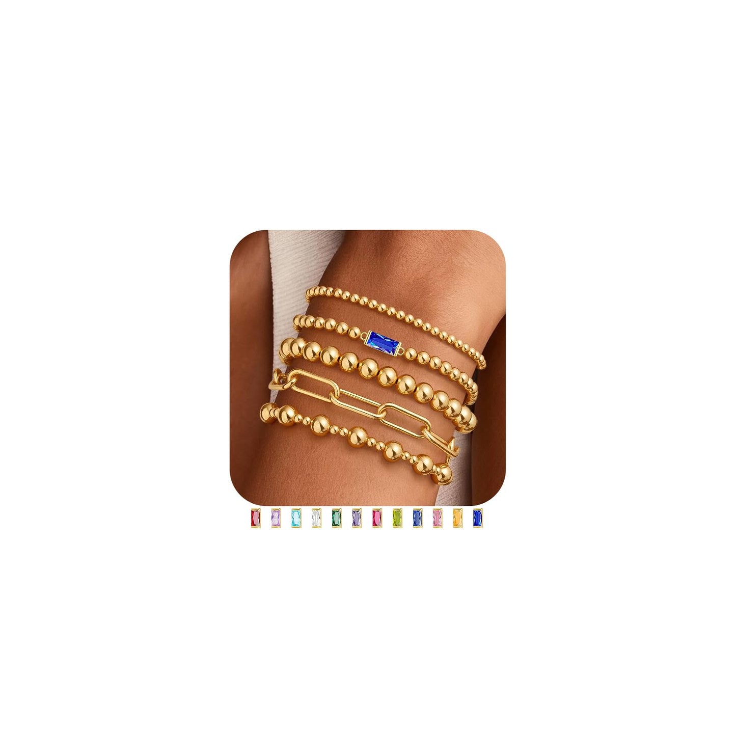 5 PCS Gold Bracelets for Women, Dainty Birthstone Bracelet 14K Gold Plated Stackable Paperclip Cuban Link Chain Bead Bracelets, Fashion Trendy Jewelry Sets Birthday Gifts