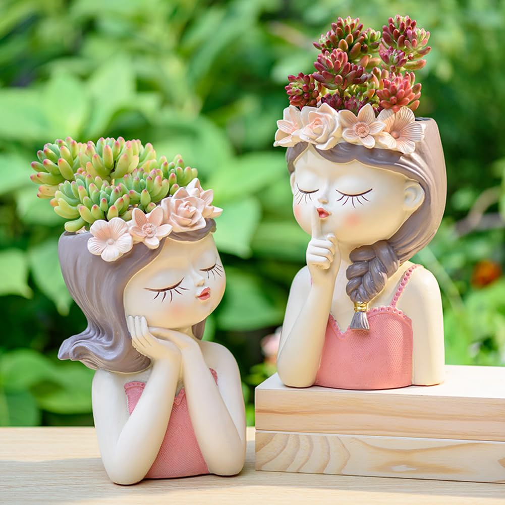 Snowy sunday Adorable Fairy Girl face Succulent Pot with Drainage Hole, Resin Head Planter Pot for Indoor Plants, Decorative Flower vase,Gifts Idea for Lady (Medium-Tranquility)