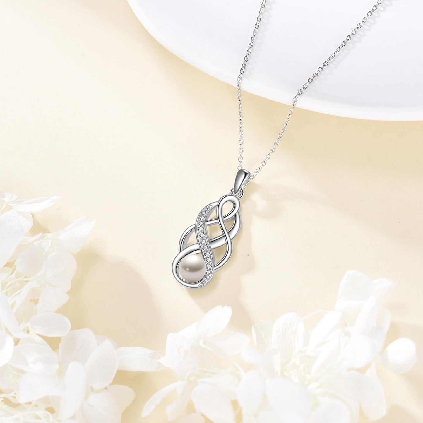 YFN Pearl Celtic Necklace S925 Sterling Silver for Women, Anniversary Irish Celtic Knot Jewelry Present for Women, Birthday Gifts (7mm Pearl Celtic Necklace)