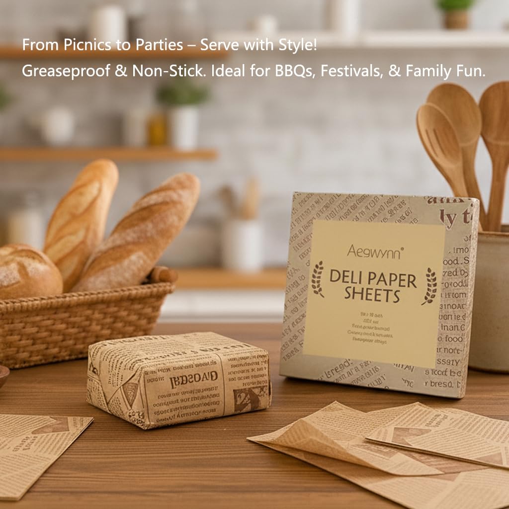 Aegwynn Deli Paper Sheets, Wax Coated, Food Safe, Grease-Proof, 10x10 Inch, 200 Count, Kraft Paper for Food Service, Sandwich Wrapping