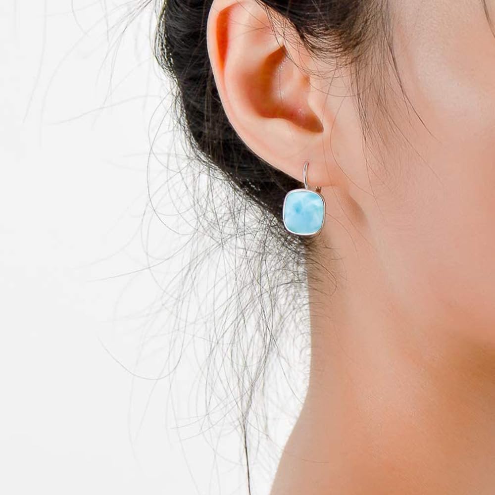 AOBOCO Sterling Silver Leverback Earrings Embellished with Crystals from Austria, Hypoallergenic Cushion Cut Square Crystal Earrings, Fine Anniversary Birthday Jewelry Gifts for Women (larimar)