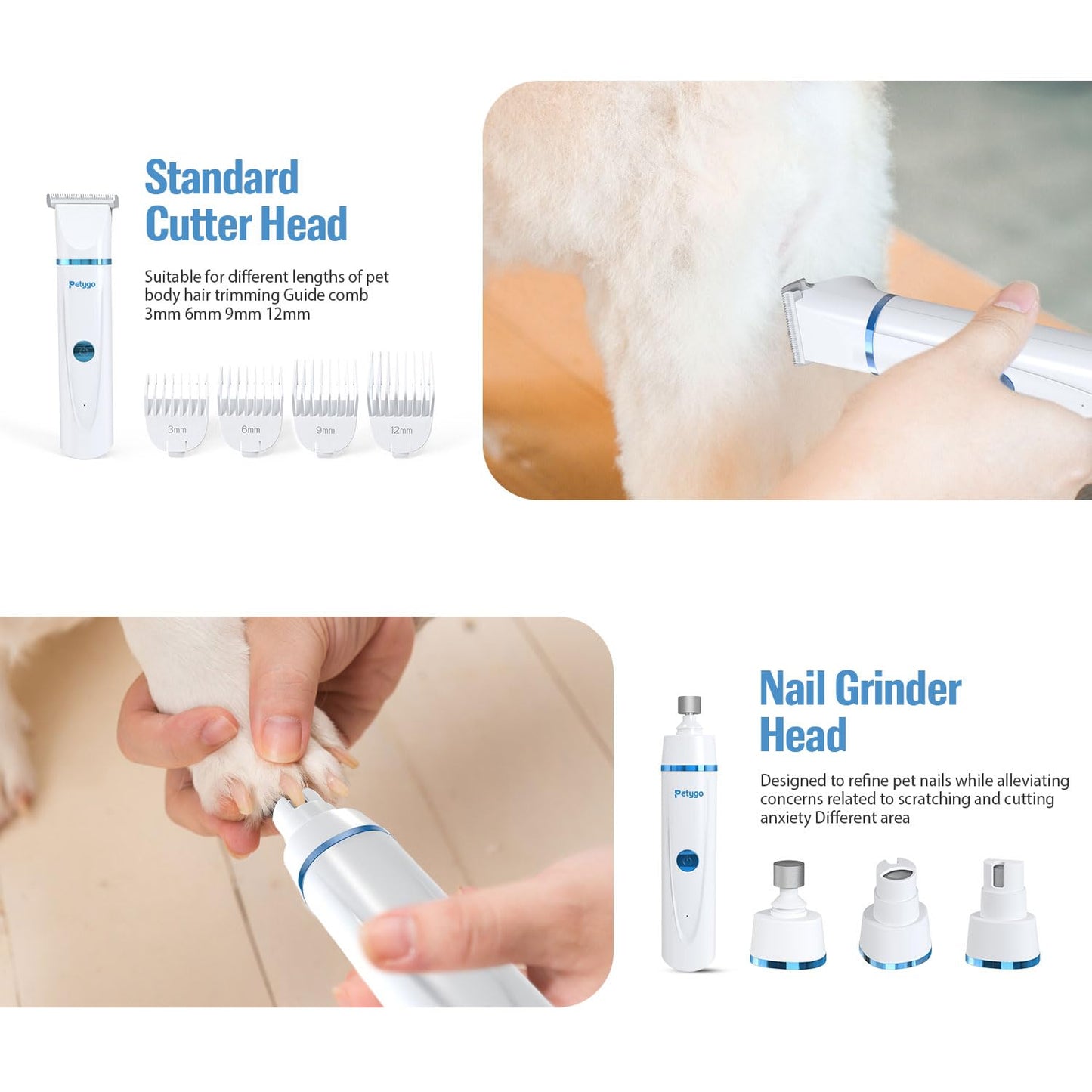 PETYGO 2-in-1 Dog & Cat Grooming Kit - Rechargeable Cordless Pet Hair Clippers with Nail Grinder & Paw Trimmer & 4 Guide Combs, Low Noise Dog Clippers for Grooming Small Medium Pets