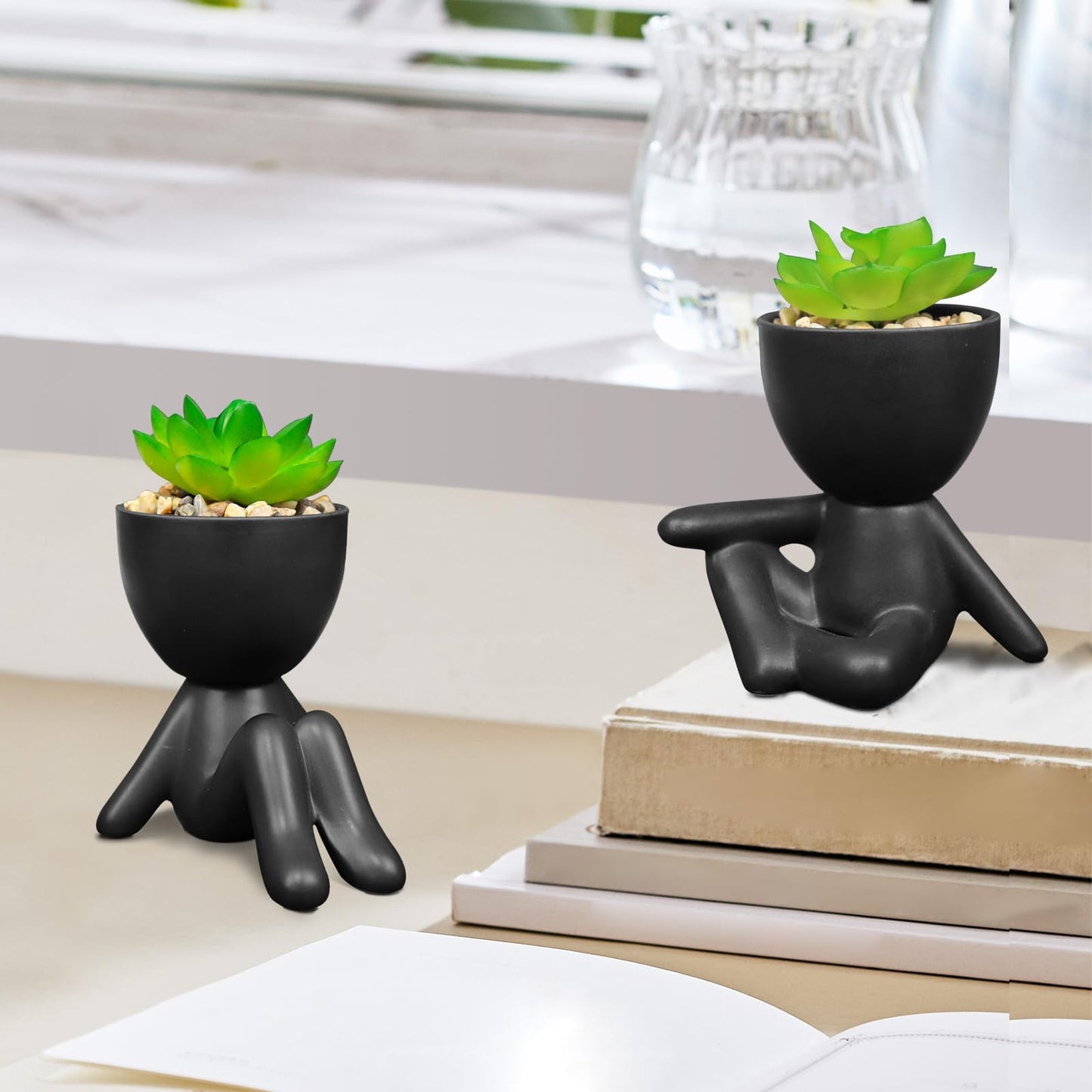 SEMSOIIO Pack of 4 Cute Artificial Succulent Plants in Human Shaped Pots, Funny Desk Decor for Office Women Men, Aesthetic Room Decor, Small Fake Plants for Shelf Bathroom Home Office Gifts (Black)
