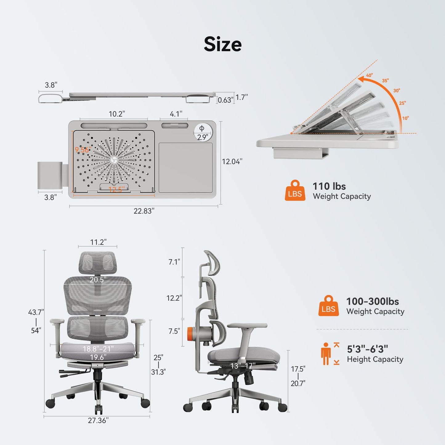 Newtral Office Chair Ergonomic - Home Office Desk Chair, Big and Tall Office Chair, Auto-Following Lumbar Support for Back Pain, Adjustable Seat Depth and Height (with Footrest + Laptop Tray, Gray)