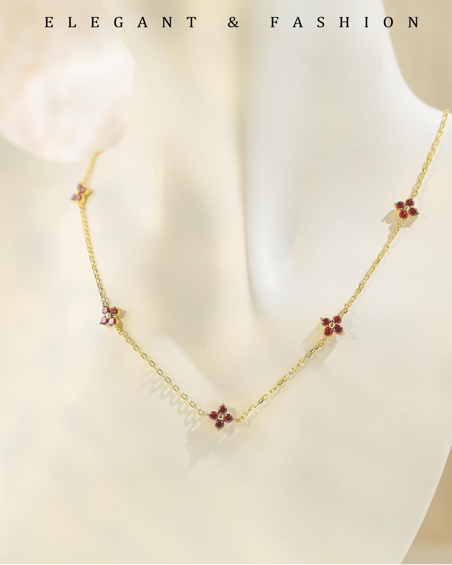 ZHESHY Birthstone Gold Necklace for Women Dainty Non Tarnish 14K Gold Plated Clover Necklaces Red CZ Station Choker Necklace Birthday Gifts Womens Gold Jewelry